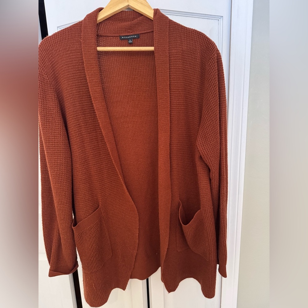 Staccato Rust Color Waffle Knit Open Cardigan With Pockets